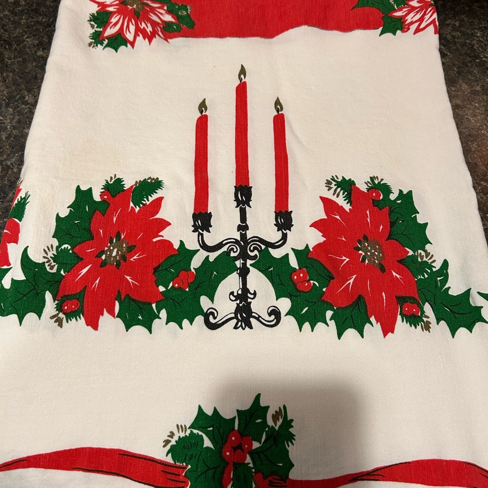 Festive Holiday Table Runner with Red Poinsettias Estate item vintage tablecloth